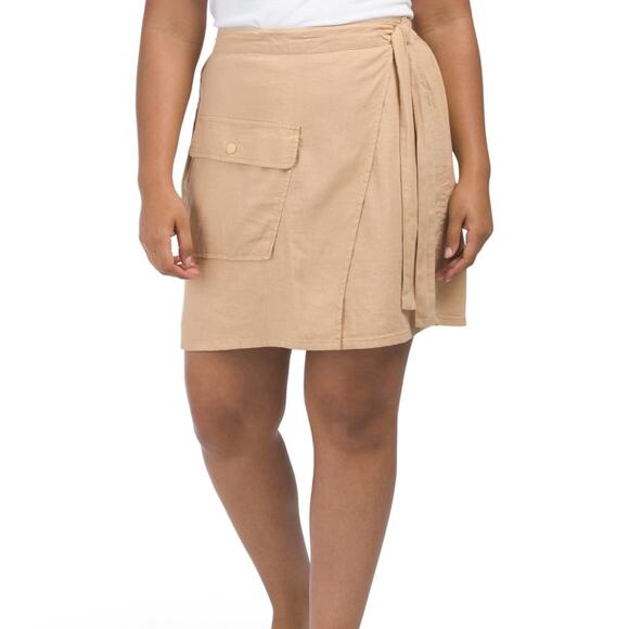 Rachel Rachel Roy Linen Blend Faux Wrap Skirt Size XL Cargo Pocket Tan Beach - Picture 1 of 10
